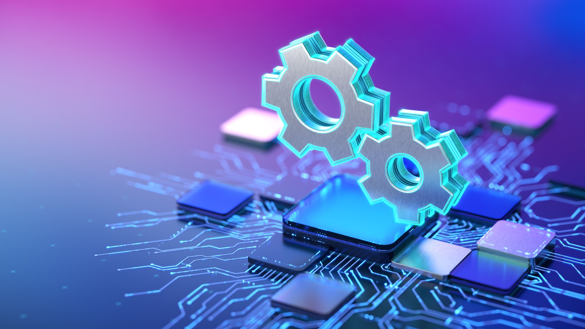 Futuristic Technology Gears Over a Neon Circuit Board Scene Showing Automation and Innovation